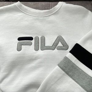 FILA VINTAGE 90s LOGO SWEATSHIRT CREWNECK STRIPE WHITE BLACK GREY LARGE WOMENS